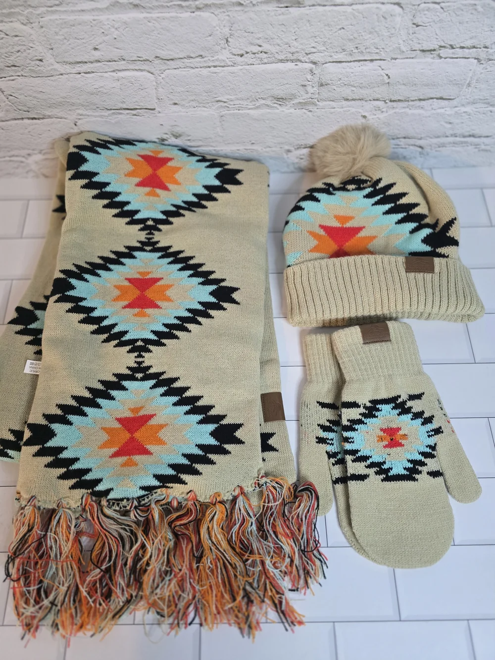 Kids Aztec Knit Hat, Scarf & Mittens Set - Cream with Turquoise & Orange